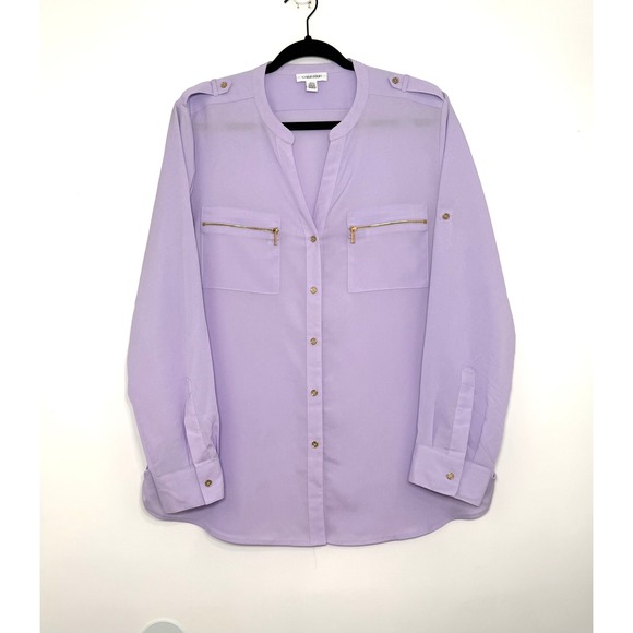 Calvin Klein Tops - Calvin Klein XL Lavender Utility Blouse Gold Zip Pockets Roll Tab
